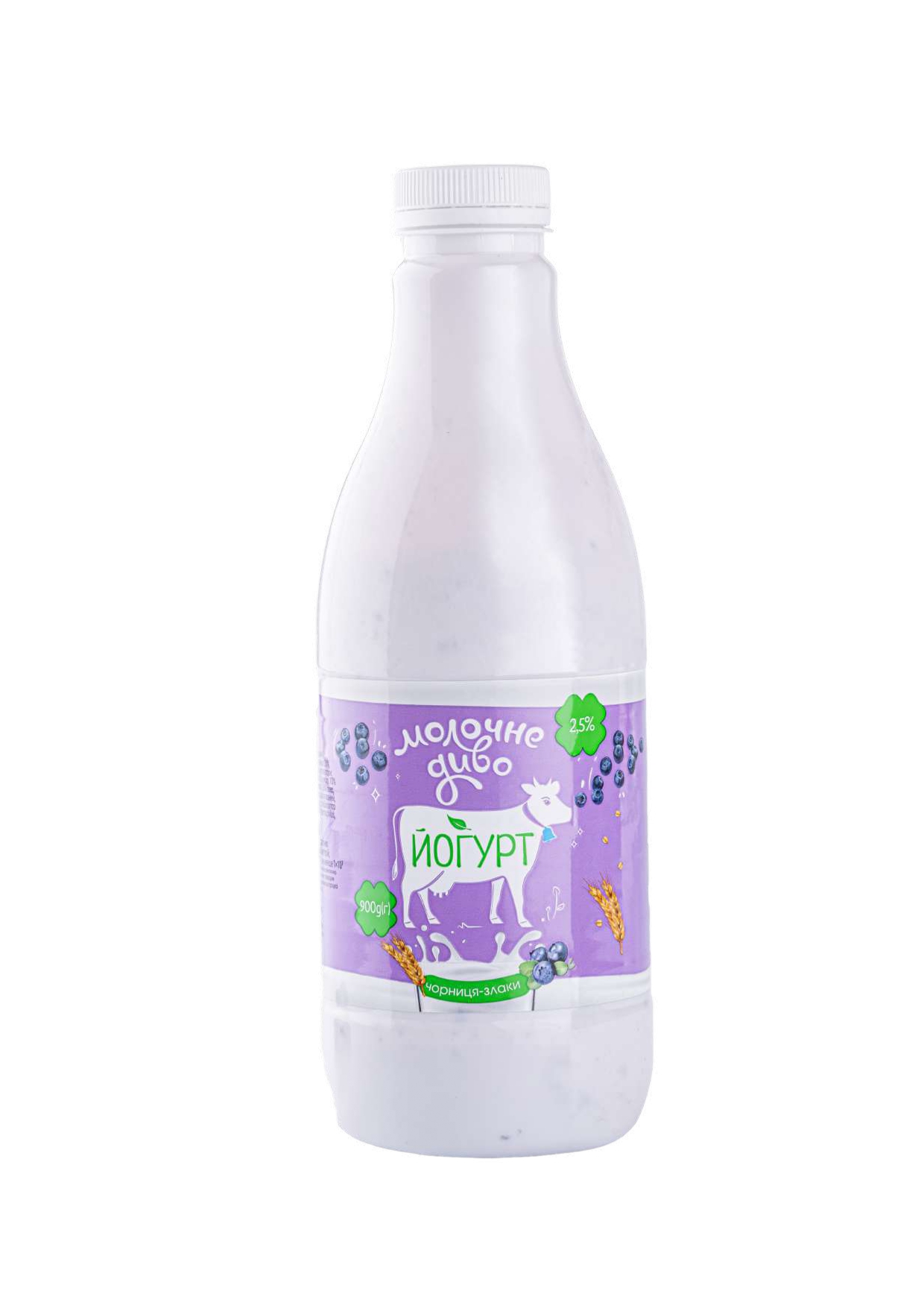 Йогурт 2.5% жирності «Чорниця-злаки» питний солодкий з фруктовим наповнювачем «Чорниця-злаки», ТМ «Молочне Диво», 900 г, пляшка ПЕТ